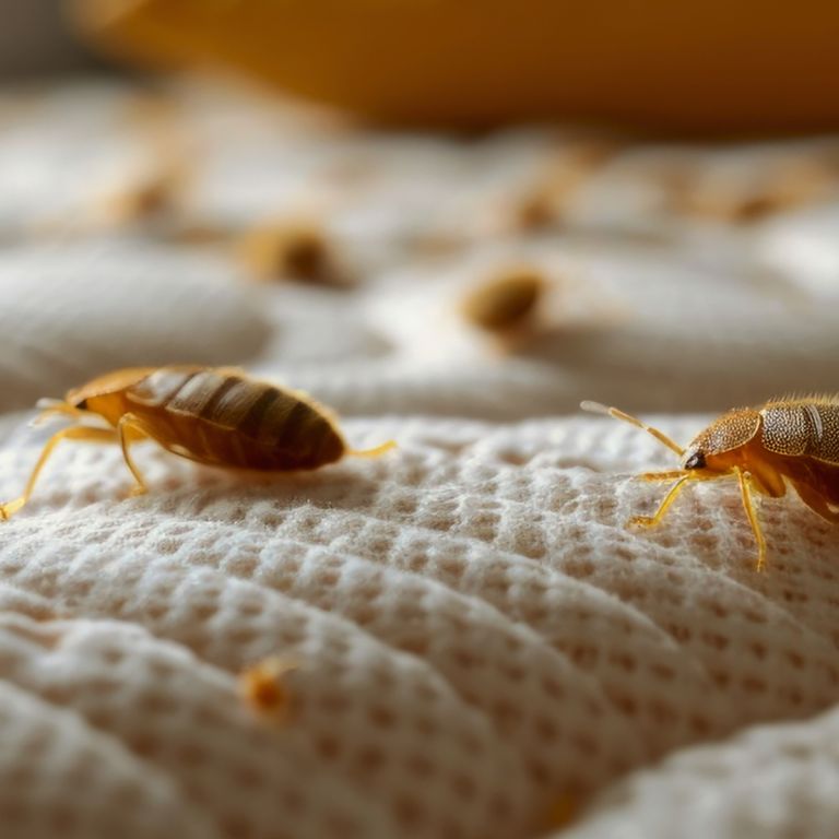 Insanitation concept. Woman holds lens, shows there are bugs in bedclothes, detects bad insects demonstrates dirty conditions. Dirtiness, unhygienic conditions and uncleanness