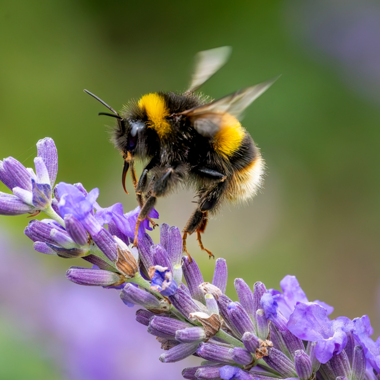 Bumblebee flying near a purple flower