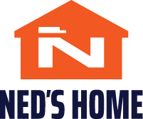 Ned’s Home signage with bold white and blue lettering.