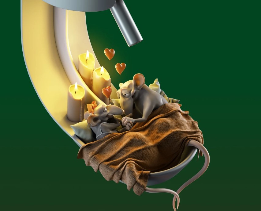 Whimsical 3D scene of two affectionate cartoon mice wrapped in a blanket beside lit candles.