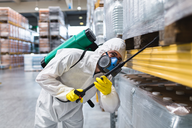 Exterminator wearing PPE and respirator spraying inside a commercial warehouse facility.