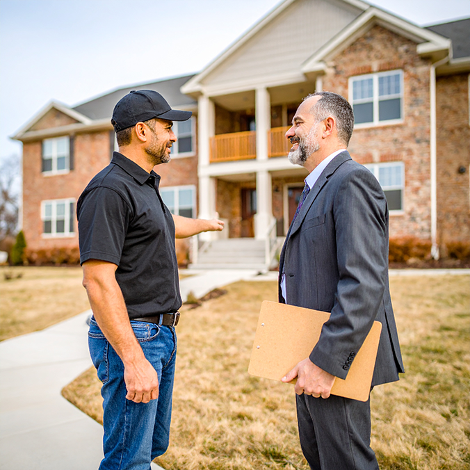 Technician discussing with a customer outside.