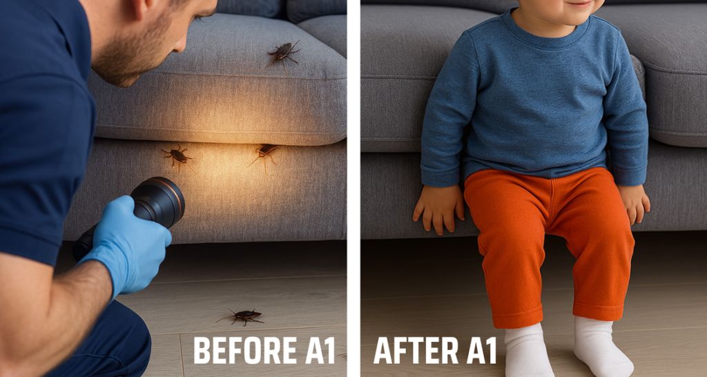 before and after photo of couch with bed bugs and then clean