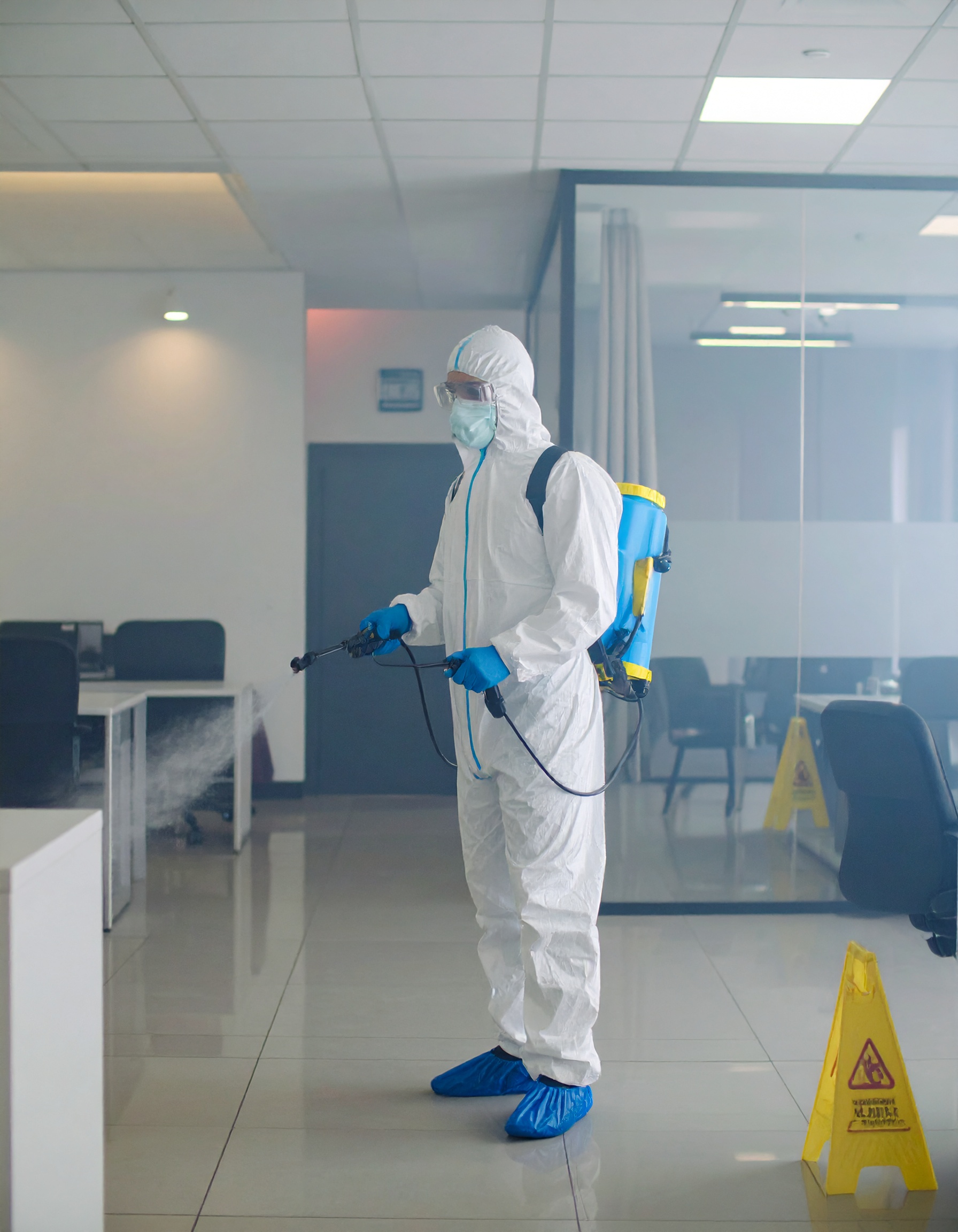 A male pest control technician spraying down an office