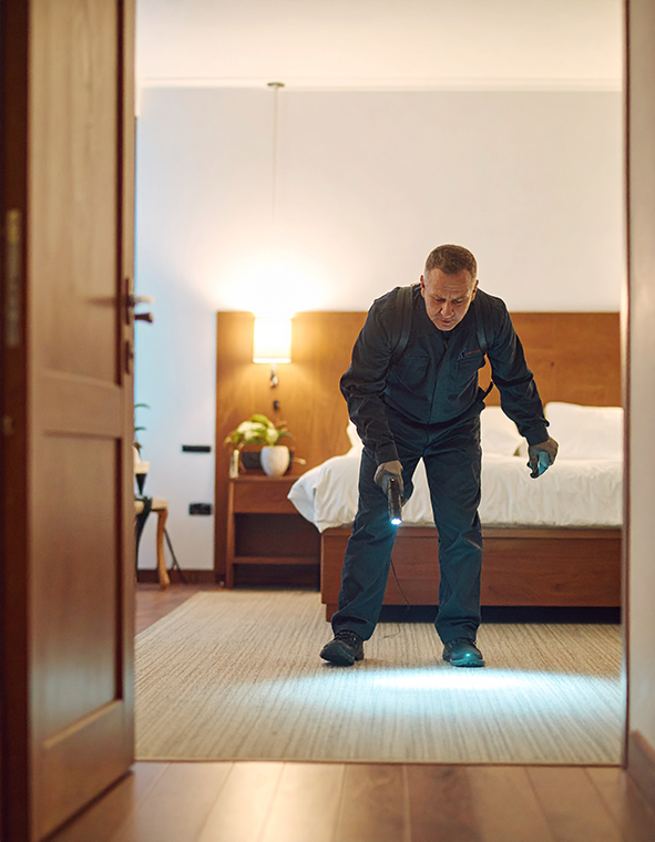 A male pest control technician wearing a black shirt and black pants inspecting a hotel carpet
