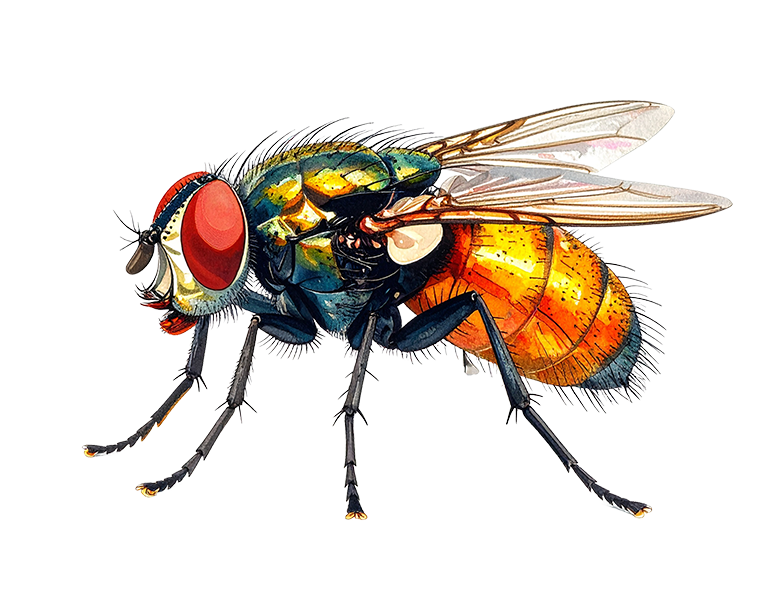 Detailed illustration of a house fly with transparent wings and colorful body on a transparent background.