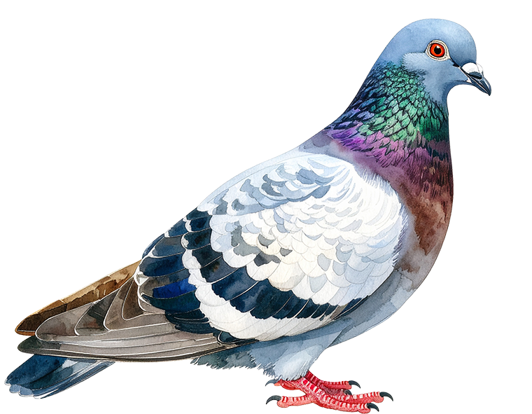 High-detail drawing of a pigeon, showing plumage, beak, and body structure.